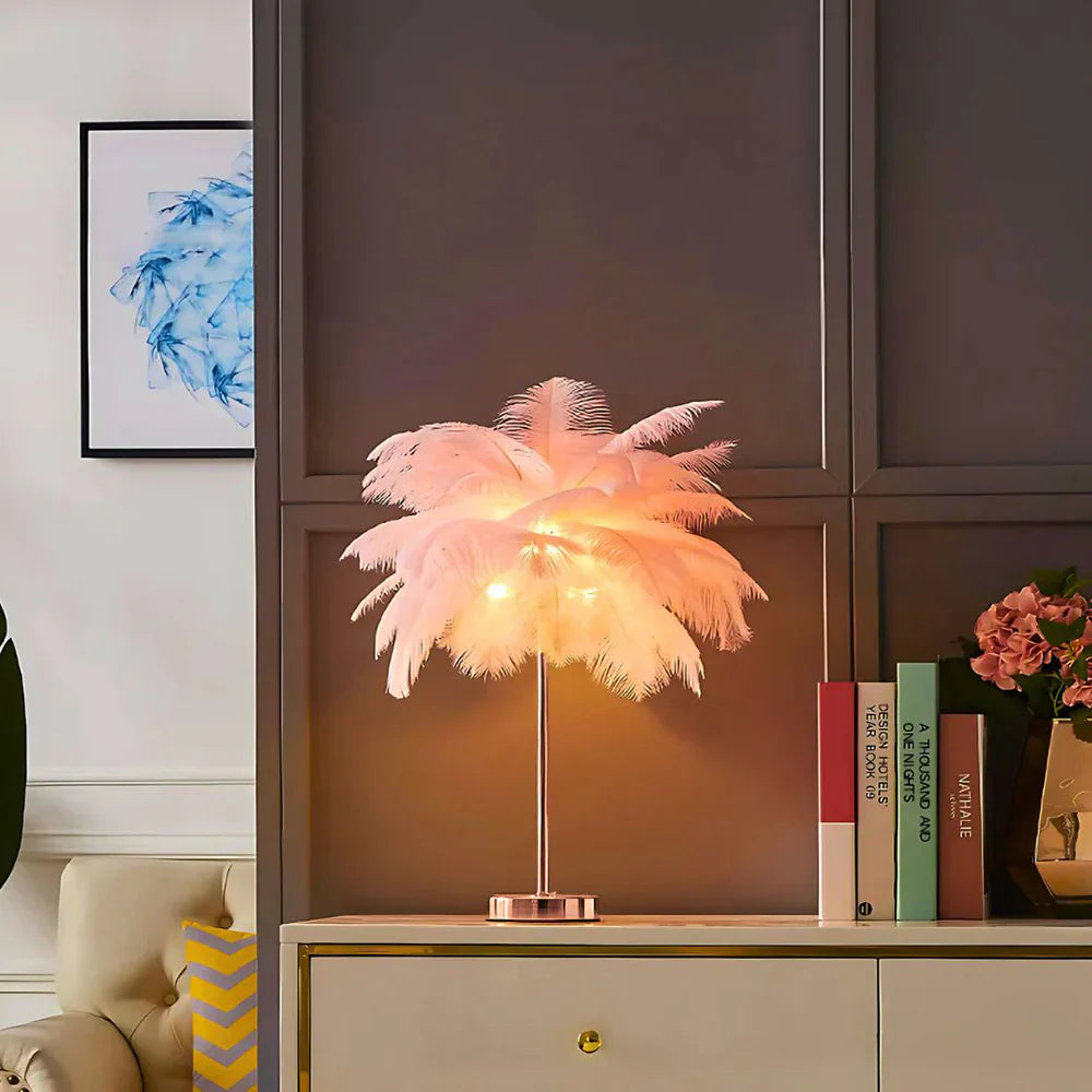 Lampada da Tavolo con Piume e Stelo in Metallo con Base Rotonda