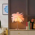 Lampada da Tavolo con Piume e Stelo in Metallo con Base Rotonda