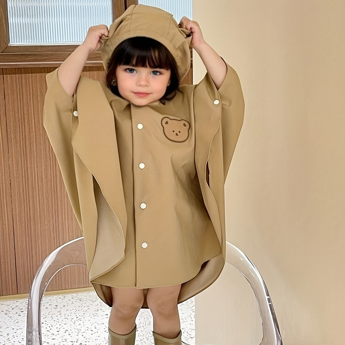 Giacca da Pioggia per Bambini con Cappuccio – Giacca Impermeabile con Stampa di Orso o Coniglio