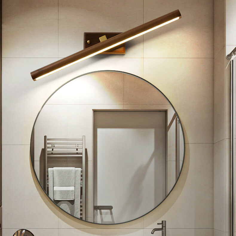 Specchio da bagno LED a cilindro in legno di faggio e rame, lampada da parete minimalista nordica per soggiorno e bagno