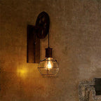 Applique da parete in ferro e legno vintage tradizionale con pulleys a 1 luce