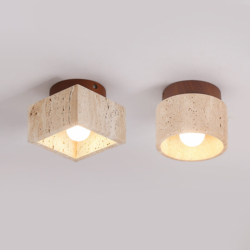 Colonna in Travertino Giallo Wabi-Sabi Giapponese Legno 1-Luce Semi-Flush Mount Lampada da Soffitto