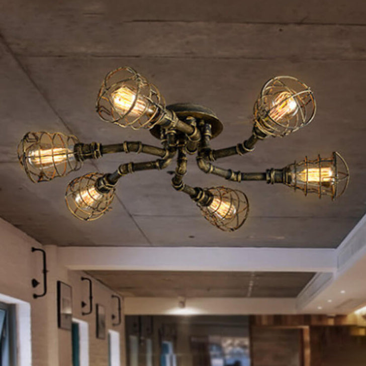 Lampada da soffitto rotonda in ferro industriale vintage con tubo d'acqua, 4/6/8 luci