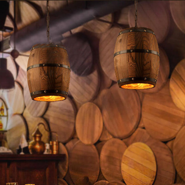 Lampadario Singolo a Barile in Ferro e Legno Rustico Tradizionale 1 Luce per Sala da Pranzo