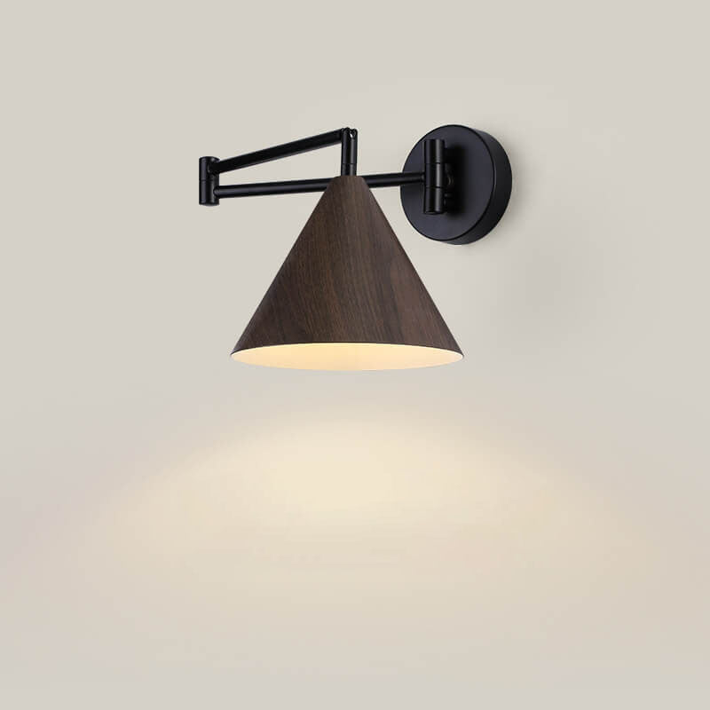 Applique da parete in ferro con braccio a sospensione a cono nordico contemporaneo in legno 1 luce per camera da letto
