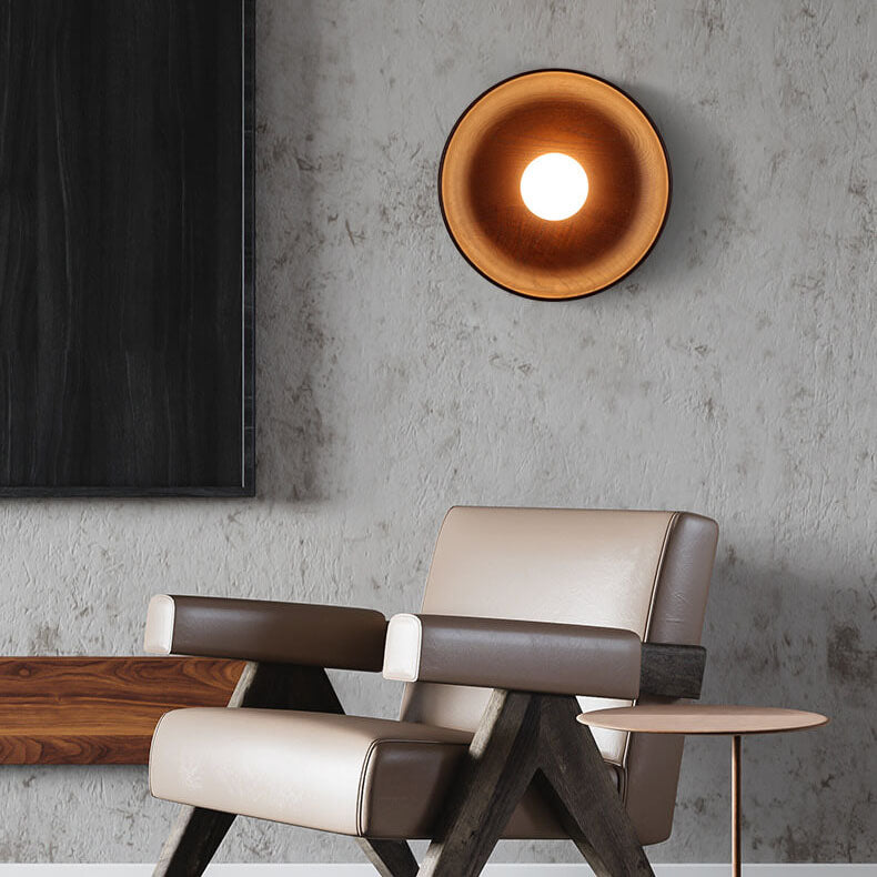 Applique da parete moderna minimalista rotonda in legno massello con 1 luce