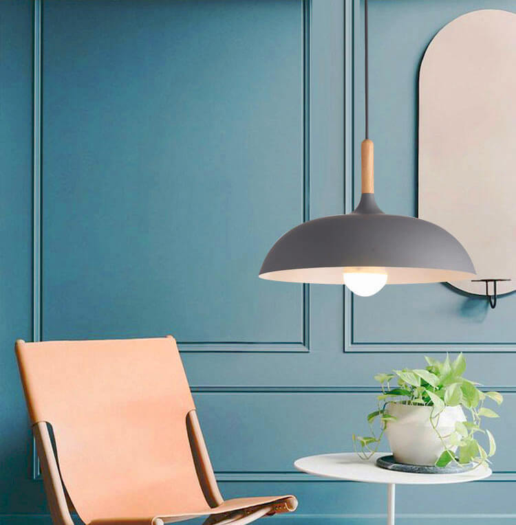Lampada a sospensione a cupola in metallo e legno minimalista moderna con 1 luce per sala da pranzo e soggiorno