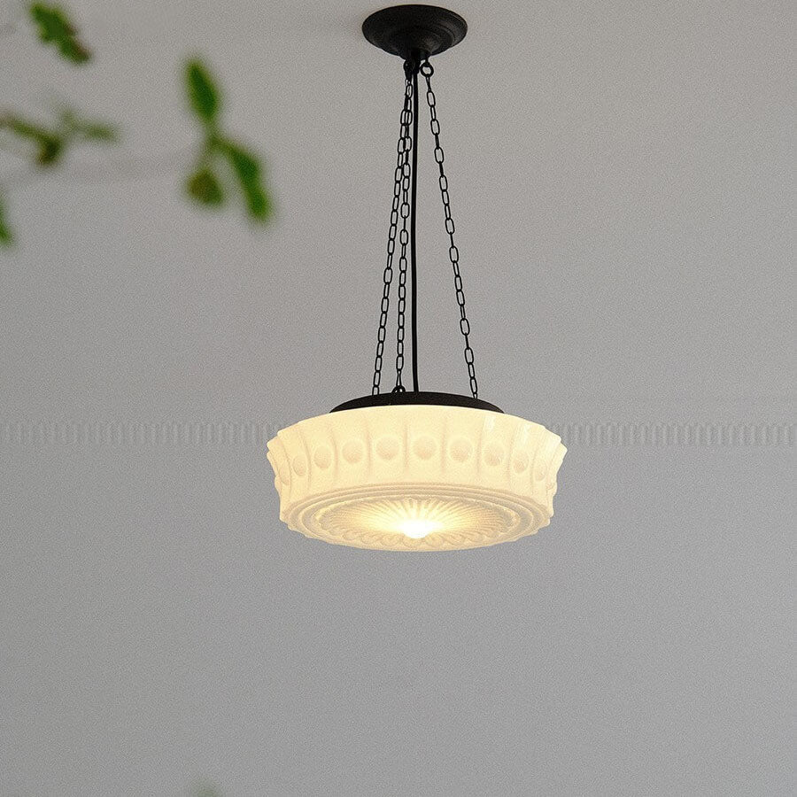 Tradizionale Lampada da Soffitto LED a Tamburo Rotondo in Ferro e Vetro Strisce per Soggiorno e Camera da Letto