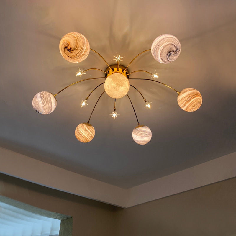 Lampada da soffitto semi-flush con 13 luci in vetro e ferro, pianeta Terra, stile nordico contemporaneo per camera da letto