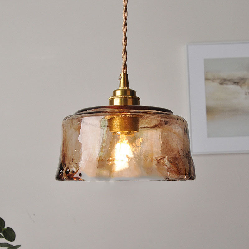 Lampadario Pendente Tradizionale Vintage in Vetro Ambra Rotondo con Ottone per Soggiorno