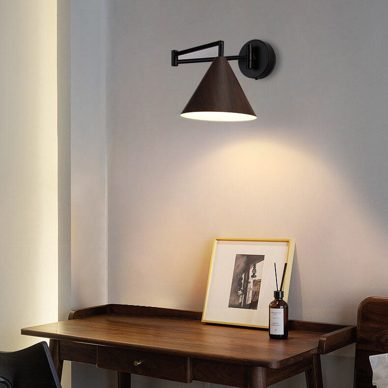 Applique da parete in ferro con braccio a sospensione a cono nordico contemporaneo in legno 1 luce per camera da letto