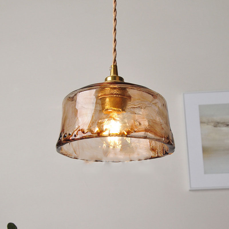 Lampadario Pendente Tradizionale Vintage in Vetro Ambra Rotondo con Ottone per Soggiorno