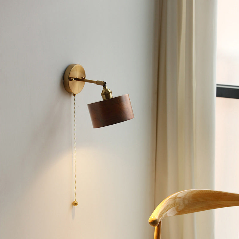 Applique da Parete Lampada a Sospensione Contemporanea Scandinava a Cono Rotondo in Rame e Legno con 1 Luce per Camera da Letto