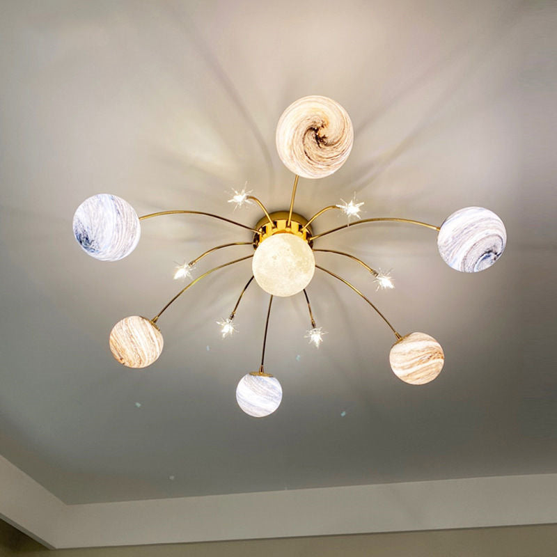 Lampada da soffitto semi-flush con 13 luci in vetro e ferro, pianeta Terra, stile nordico contemporaneo per camera da letto