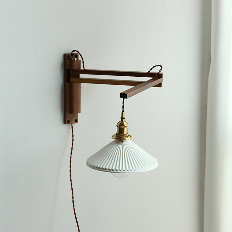 Applique da parete a 1 luce retrattile in vetro bianco a strisce nordiche con noce