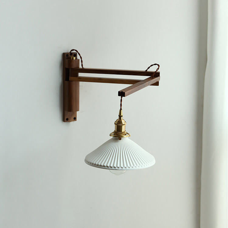 Applique da parete a 1 luce retrattile in vetro bianco a strisce nordiche con noce