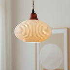 Lampada a sospensione tradizionale giapponese in ceramica con cupola rotonda piegata, legno massello e ferro, 1 luce per soggiorno e camera da letto