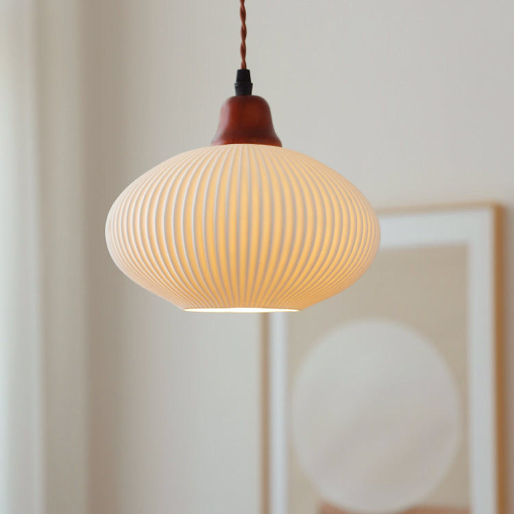 Lampada a sospensione tradizionale giapponese in ceramica con cupola rotonda piegata, legno massello e ferro, 1 luce per soggiorno e camera da letto