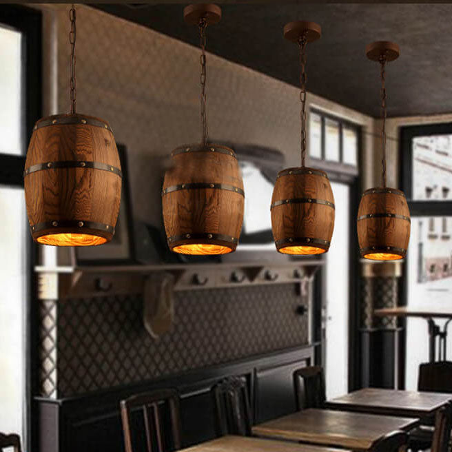 Lampadario Singolo a Barile in Ferro e Legno Rustico Tradizionale 1 Luce per Sala da Pranzo