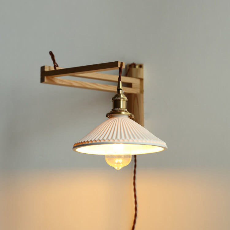 Applique da parete a 1 luce retrattile in vetro bianco a strisce nordiche con noce