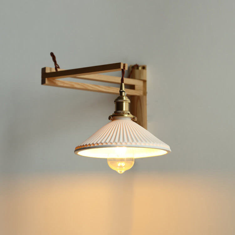 Applique da parete a 1 luce retrattile in vetro bianco a strisce nordiche con noce