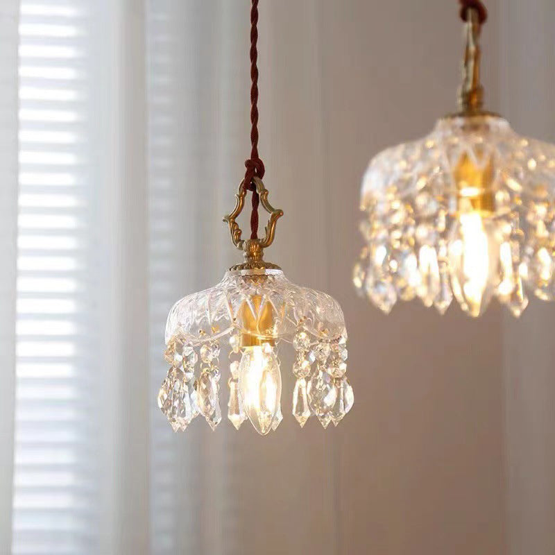 Lampadario Vintage in Rame con Cristalli Floreali | 1 Luce