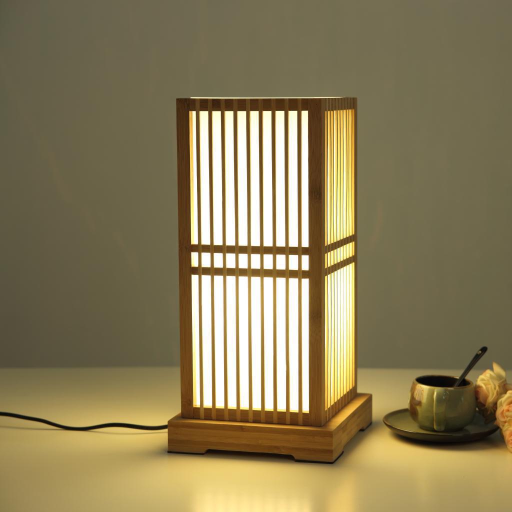 Lampada da Tavolo Tradizionale Giapponese a Colonna Quadrata in Bambù con 1 Luce per Camera da Letto