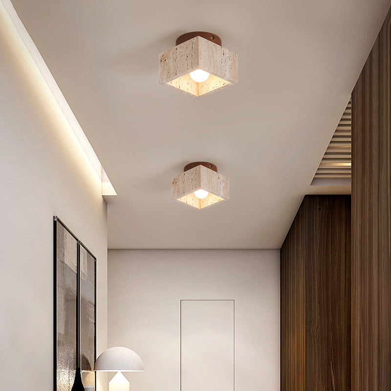 Colonna in Travertino Giallo Wabi-Sabi Giapponese Legno 1-Luce Semi-Flush Mount Lampada da Soffitto