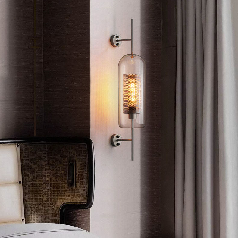 Applique da parete con paralume in vetro cilindrico industriale contemporaneo e struttura in ferro, lampada a 1 luce per camera da letto