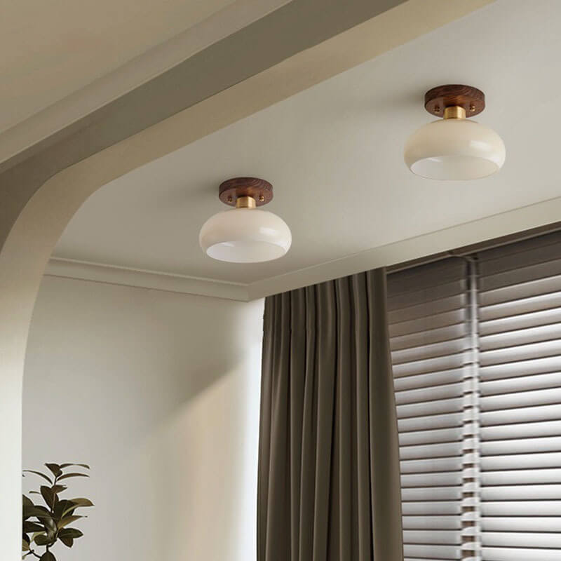 Lampada da soffitto semi-incassata rotonda in ottone vintage creativo con noce e 1 luce
