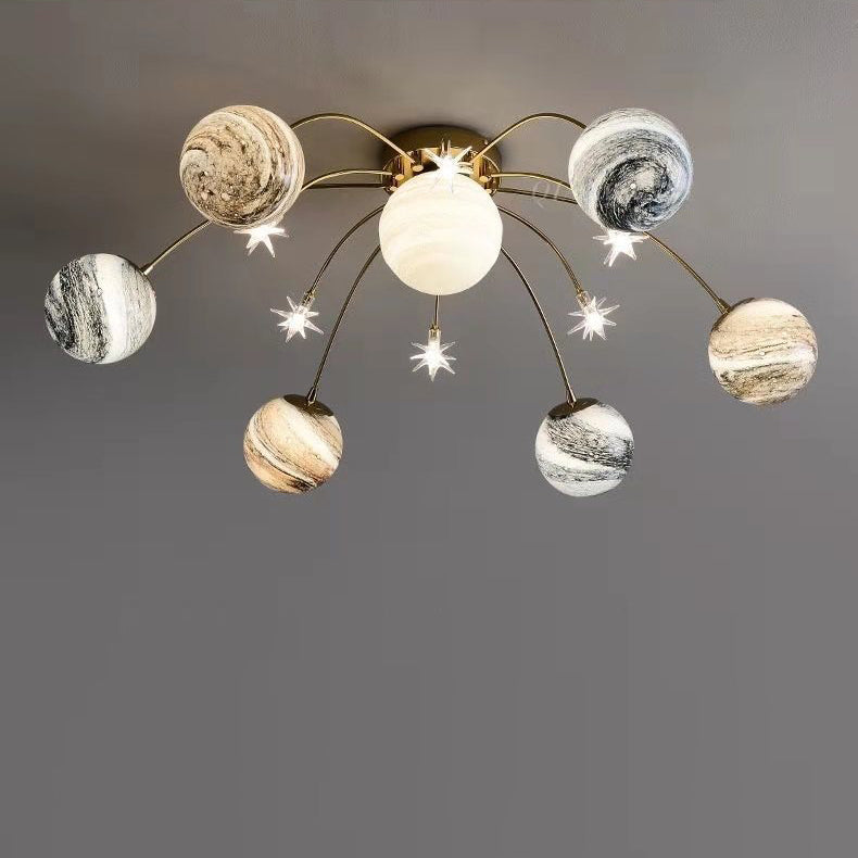 Lampada da soffitto semi-flush con 13 luci in vetro e ferro, pianeta Terra, stile nordico contemporaneo per camera da letto