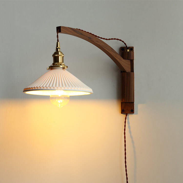 Applique da parete a 1 luce retrattile in vetro bianco a strisce nordiche con noce