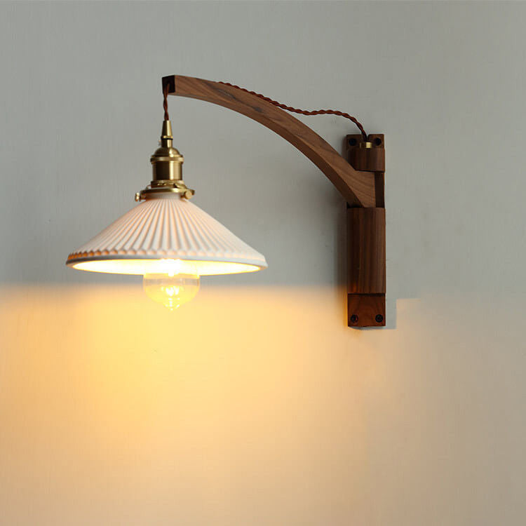 Applique da parete a 1 luce retrattile in vetro bianco a strisce nordiche con noce
