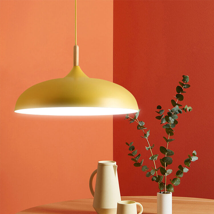 Lampada a sospensione a cupola in metallo e legno minimalista moderna con 1 luce per sala da pranzo e soggiorno