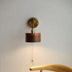 Applique da Parete Lampada a Sospensione Contemporanea Scandinava a Cono Rotondo in Rame e Legno con 1 Luce per Camera da Letto