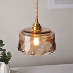 Lampadario Pendente Tradizionale Vintage in Vetro Ambra Rotondo con Ottone per Soggiorno