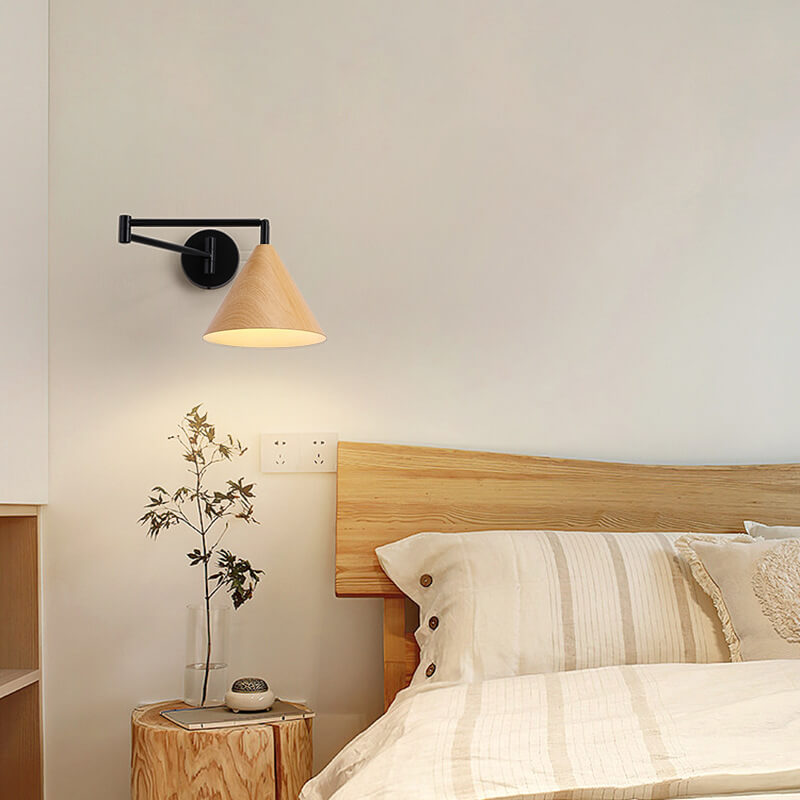 Applique da parete in ferro con braccio a sospensione a cono nordico contemporaneo in legno 1 luce per camera da letto