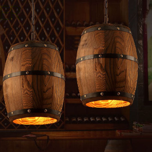 Lampadario Singolo a Barile in Ferro e Legno Rustico Tradizionale 1 Luce per Sala da Pranzo