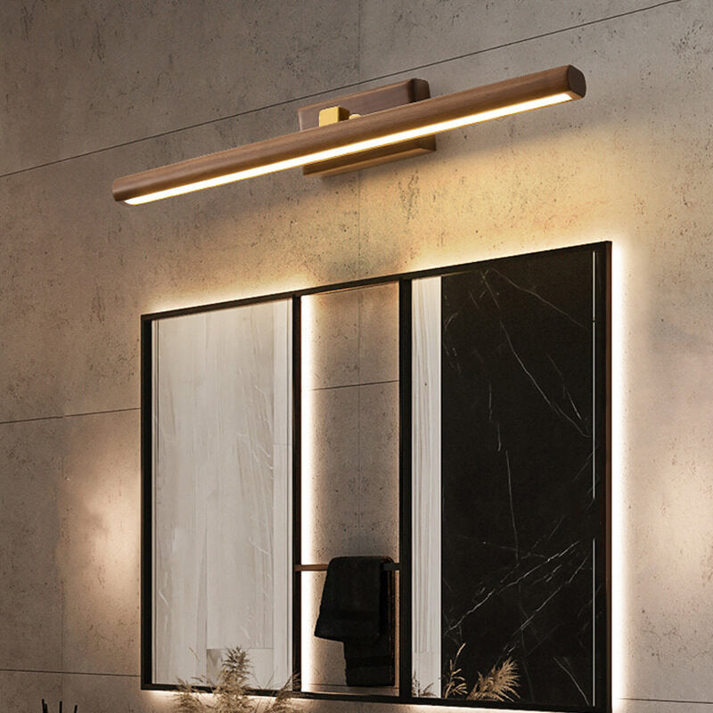 Specchio da bagno LED a cilindro in legno di faggio e rame, lampada da parete minimalista nordica per soggiorno e bagno