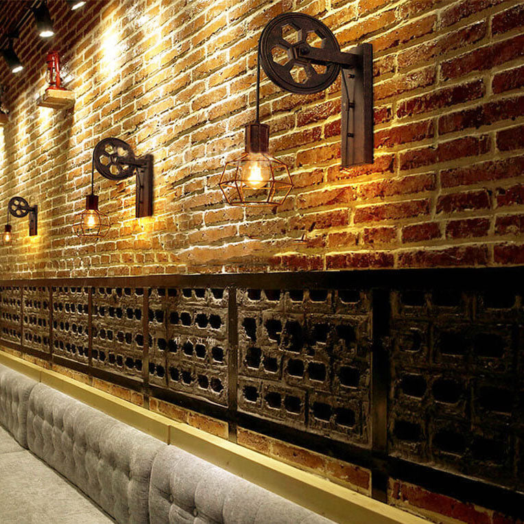 Applique da parete in ferro e legno vintage tradizionale con pulleys a 1 luce
