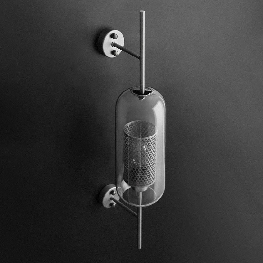 Applique da parete con paralume in vetro cilindrico industriale contemporaneo e struttura in ferro, lampada a 1 luce per camera da letto