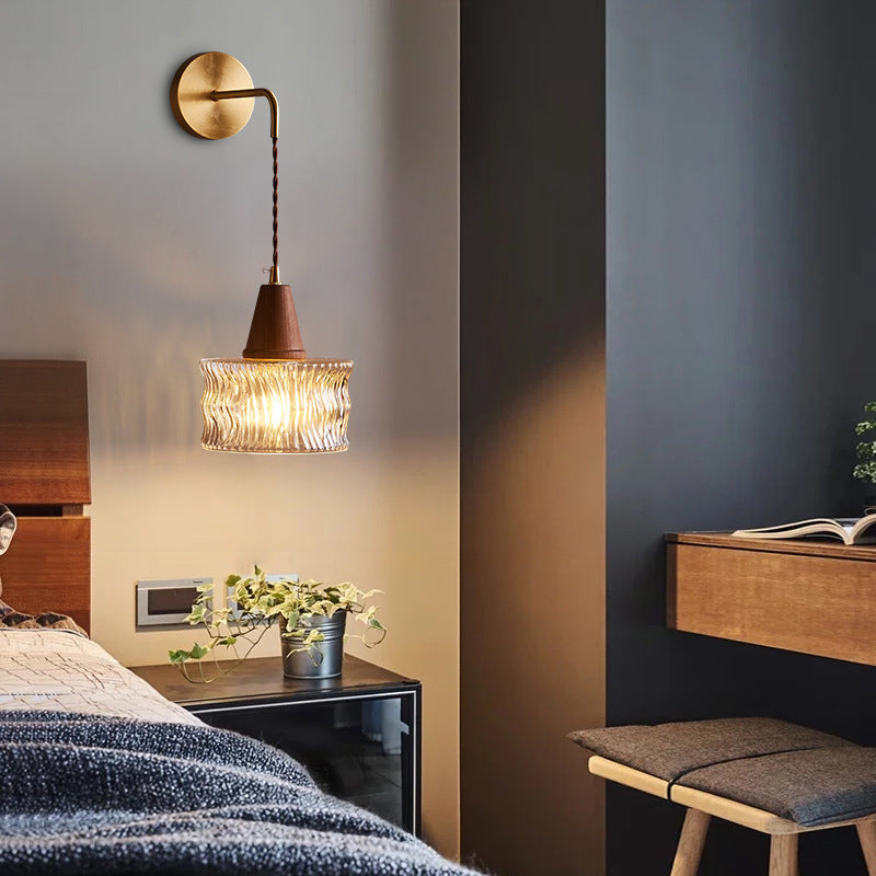 Applique da parete in vetro, noce tradizionale giapponese, cilindro in rame, lampada a 1 luce