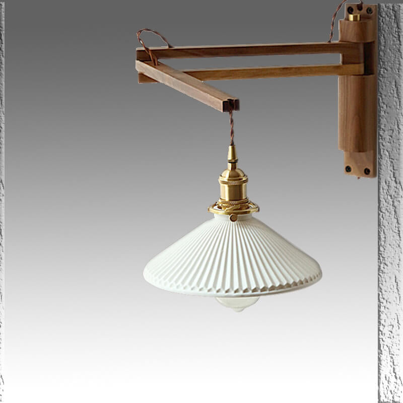 Applique da parete a 1 luce retrattile in vetro bianco a strisce nordiche con noce