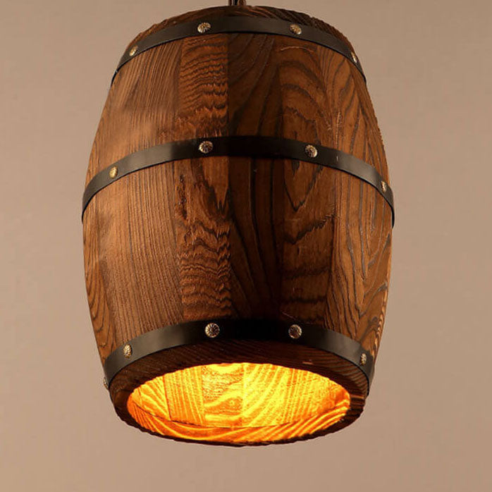 Lampadario Singolo a Barile in Ferro e Legno Rustico Tradizionale 1 Luce per Sala da Pranzo