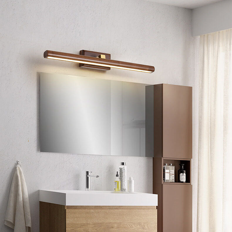 Specchio da bagno LED a cilindro in legno di faggio e rame, lampada da parete minimalista nordica per soggiorno e bagno