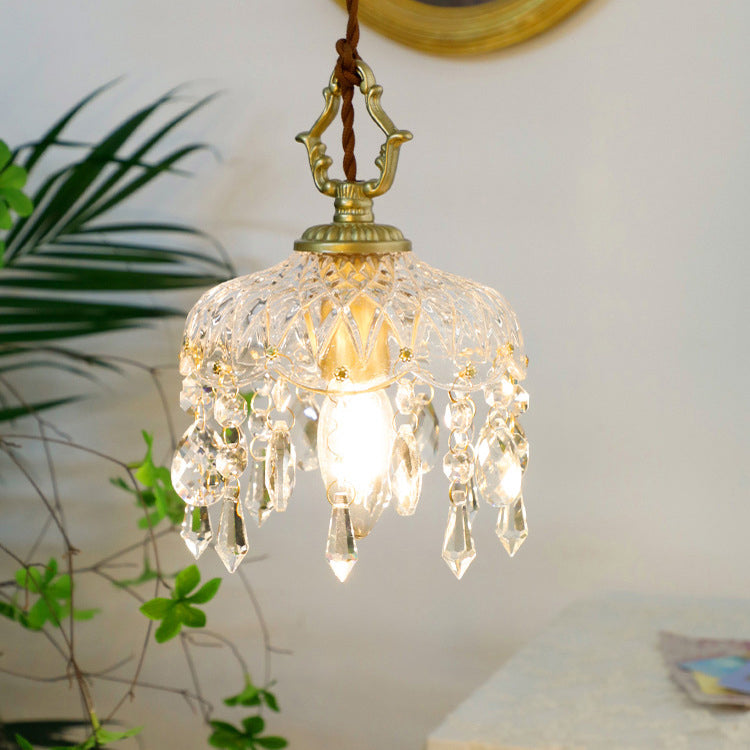 Lampadario Vintage in Rame con Cristalli Floreali | 1 Luce