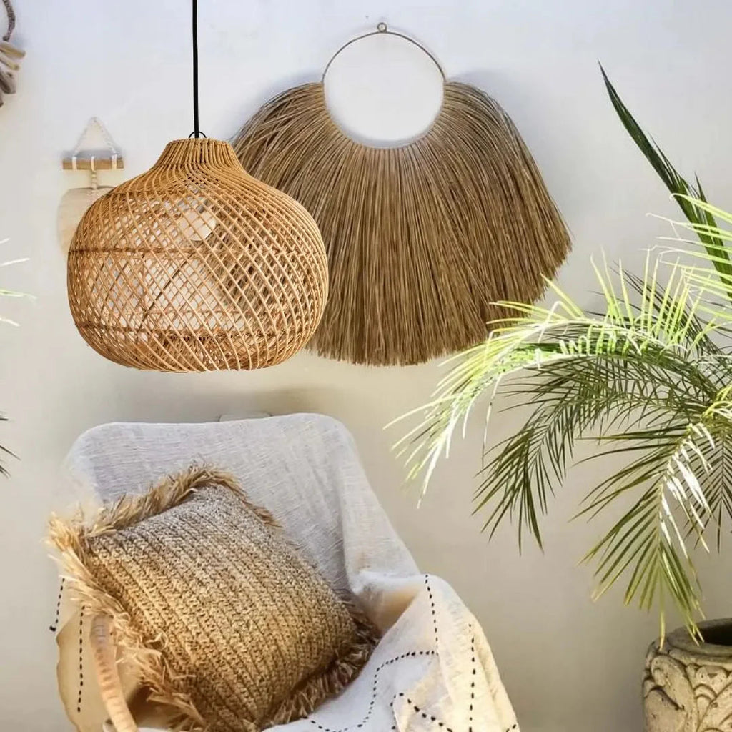 Lampada a Sospensione in Rattan Intrecciato Retro