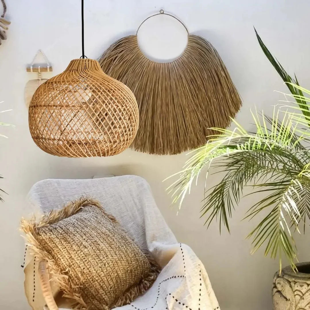 Lampada a Sospensione in Rattan Intrecciato Retro