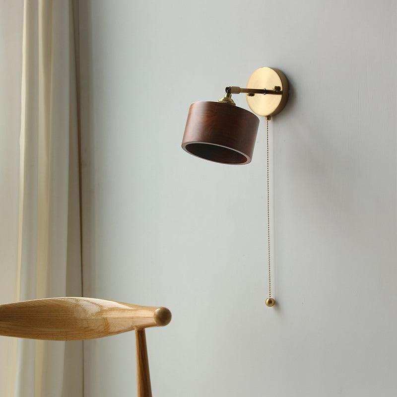 Applique da Parete Lampada a Sospensione Contemporanea Scandinava a Cono Rotondo in Rame e Legno con 1 Luce per Camera da Letto