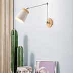 Applique da parete in legno massello scandinavo contemporaneo con paralume in ferro a cilindro, lampada a 1 luce per camera da letto